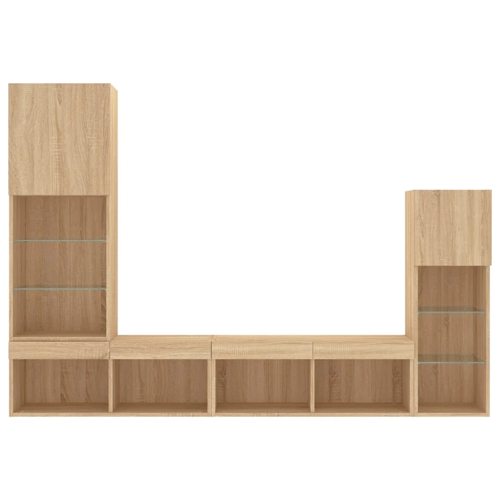 Mobile TV multimediale scaffale TV credenza mobile TV sala da pranzo soggiorno camera da letto con illuminazione a LED 4 pezzi legno ingegnerizzato rovere Sonoma marrone 02_0029363