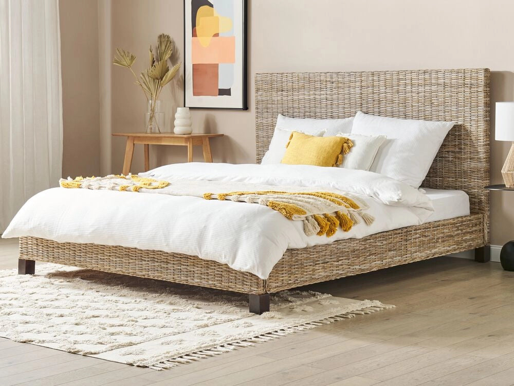 Letto a pannello Rattan naturale Legno di mogano UE Doppio 180 x 200 cm Rete a doghe Testata intrecciata Moderna Boho