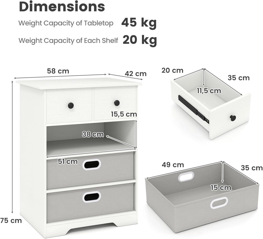 Cassettiera con 4 cassetti, armadio camera da letto, 3 armadietti semi-aperti e 2 cassetti rimovibili, mobile portaoggetti dispositivo anti-ribaltamento, per soggiorno, ufficio, 58 x 42 x 75