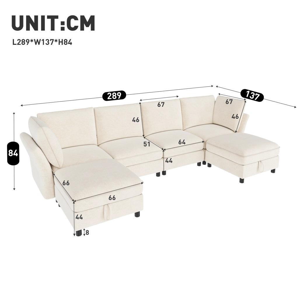 Divano modulare 6 posti U/L in ciniglia beige con 2 pouf contenitore