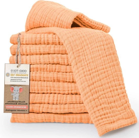 Set di 10 Asciugamani per Soffocamento Premium per Bambino - Molto Sovrappensieri Muslino - 100% Cotone - 30x50 cm - Certificato Oeko Tex 100 - Asciugamani di Muslino per I Pannolli - Colore Arancione idrofile