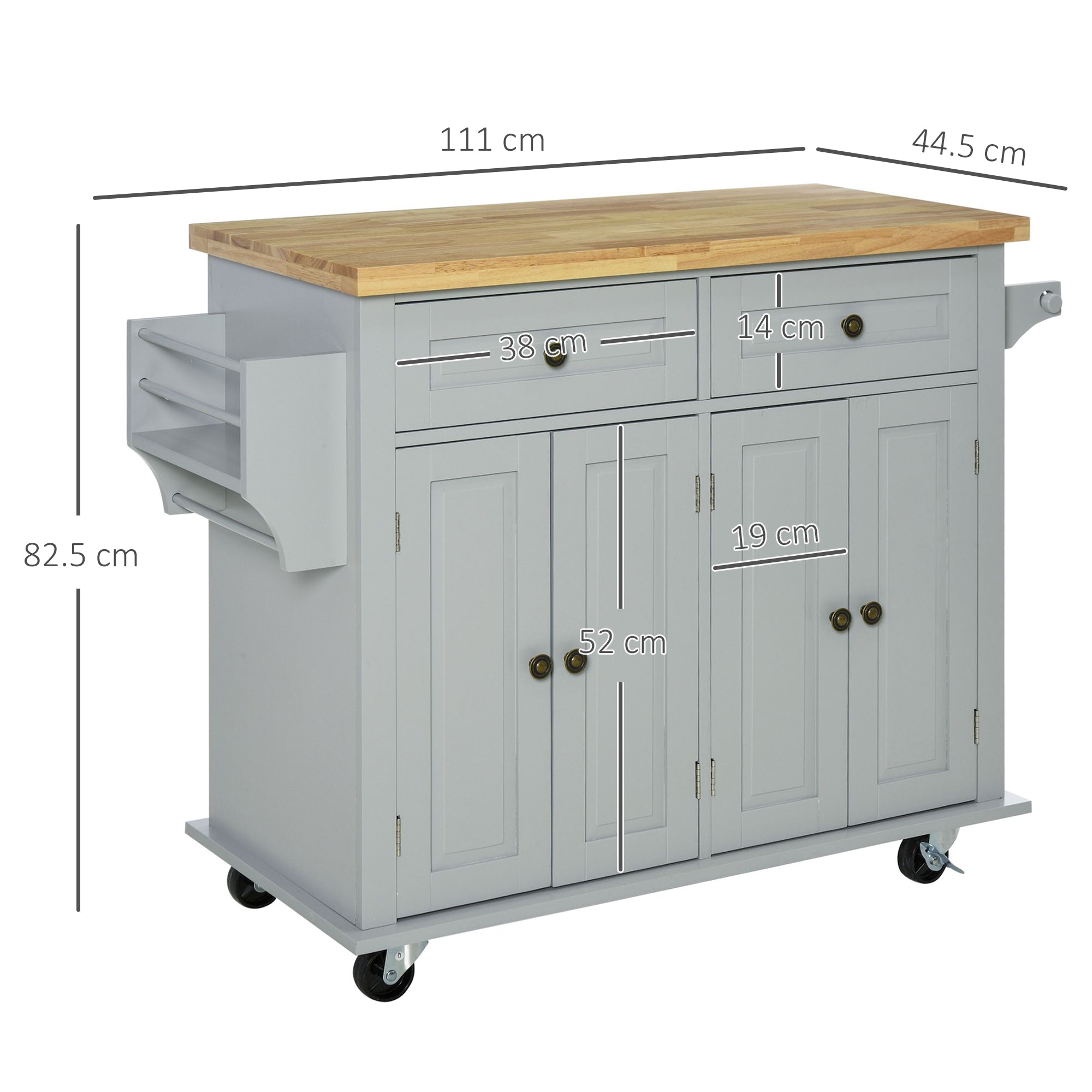 Carrello Isola da Cucina 2 Cassetti e 2 Armadietti Piano in Legno 111x44,5x82,5 cm Grigio