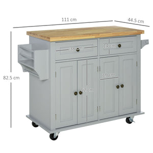 Carrello Isola da Cucina 2 Cassetti e 2 Armadietti Piano in Legno 111x44,5x82,5 cm Grigio