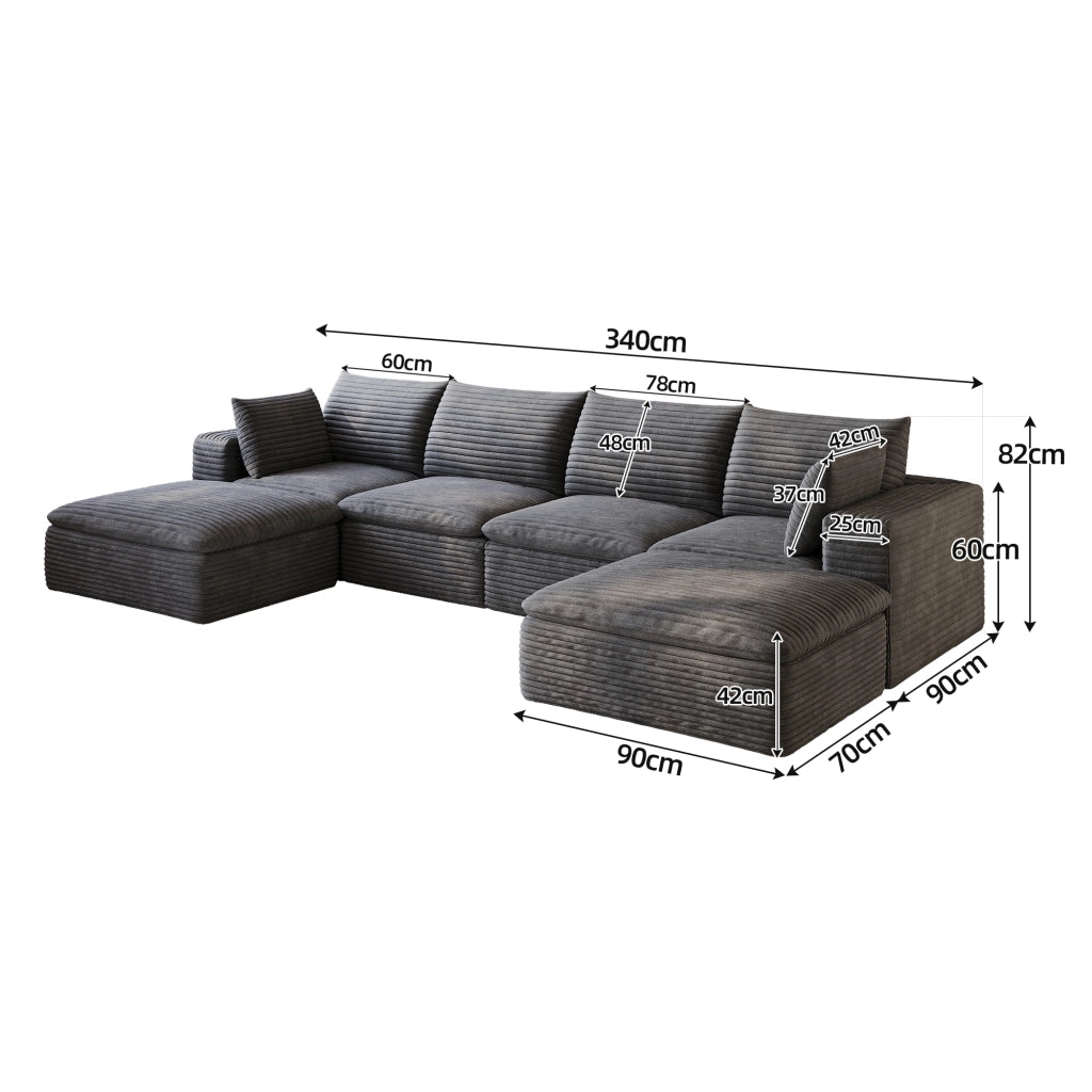 Divano Modulare 3 Posti in Velluto a Coste ¨C MINIMAL ¨C Grigio Scuro, 340cm, Imbottito