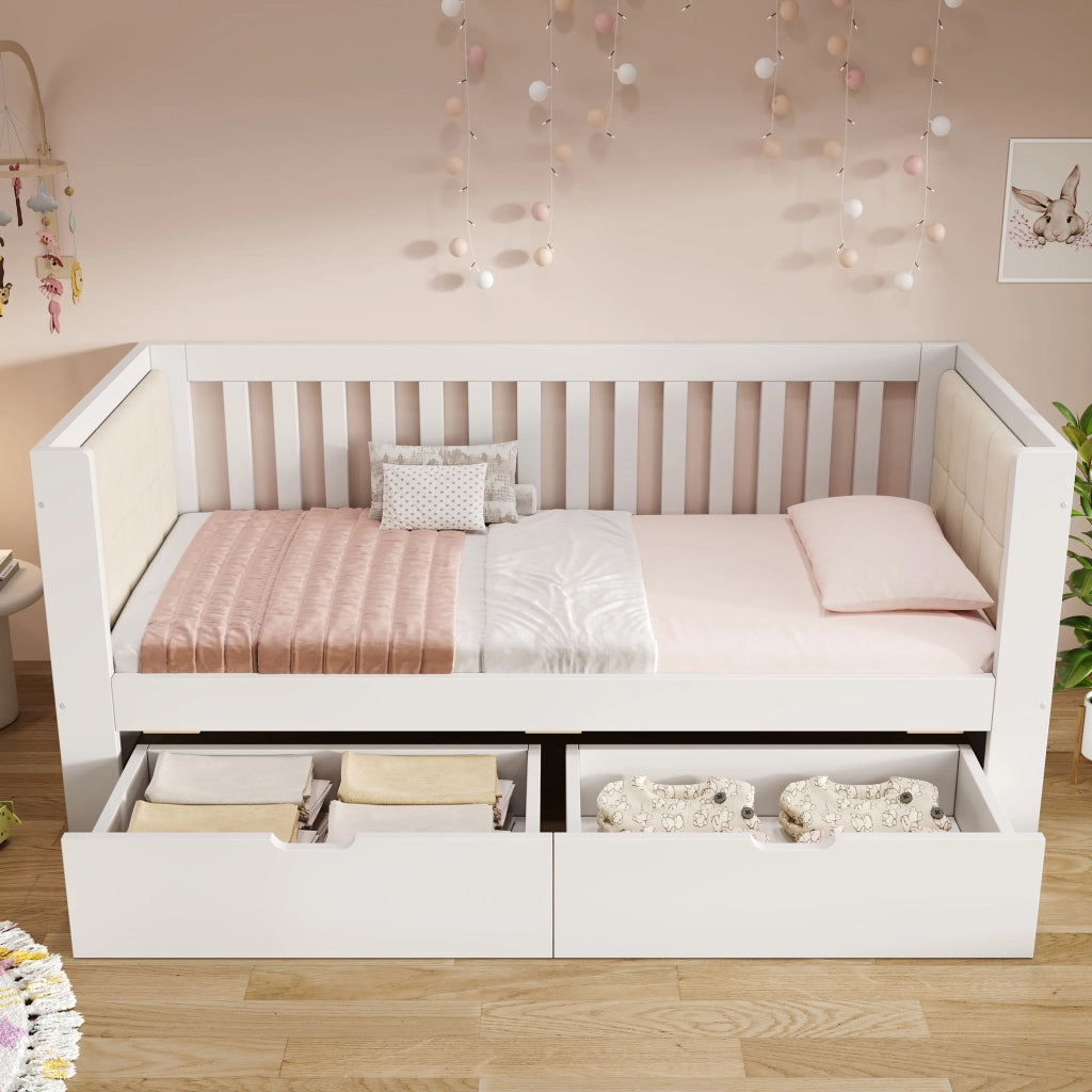 Letto da giorno con 2 cassetti 90x190 cm in legno di pino e compensato; bianco