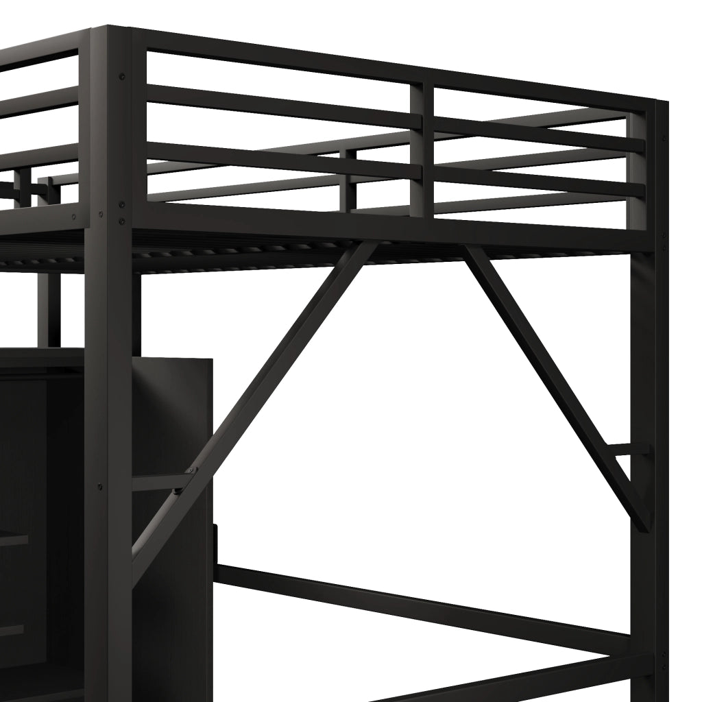 Letto a soppalco 140 × 200 cm con 3 vani contenitore, armadio, LED regolabile, scala contenitore, senza materasso, nero