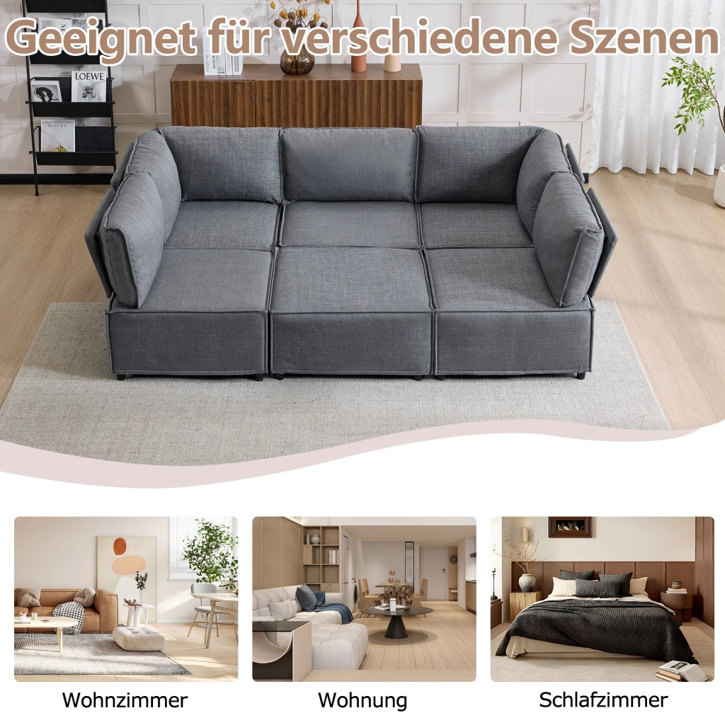 Divano modulare in tessuto con funzione letto e struttura stabile in compensato grigio scuro per soggiorno