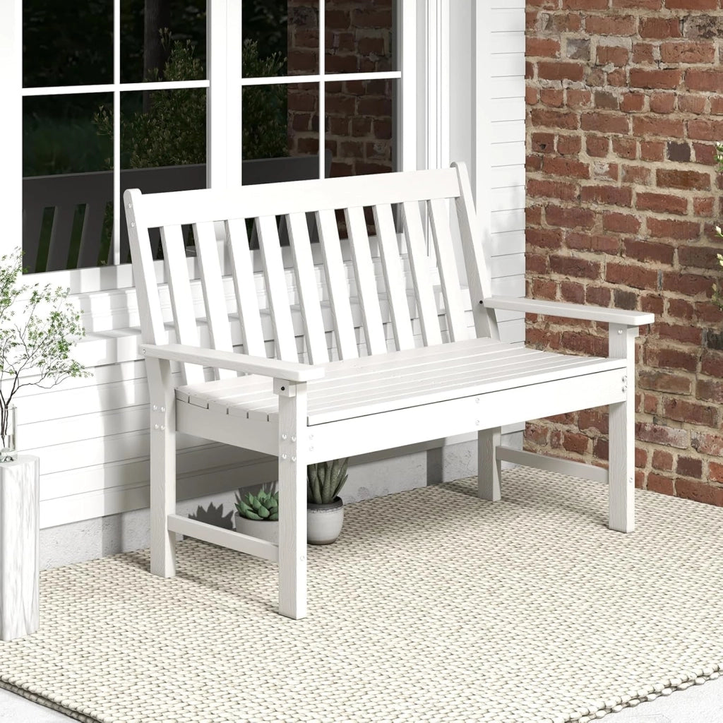 GIANTEX Panca da giardino per 2 persone, panca da parco in plastica con schienale alto, panca da esterno, resistente alle intemperie, per giardino, patio, terrazza, 132 x 65 x 91 cm (bianco)