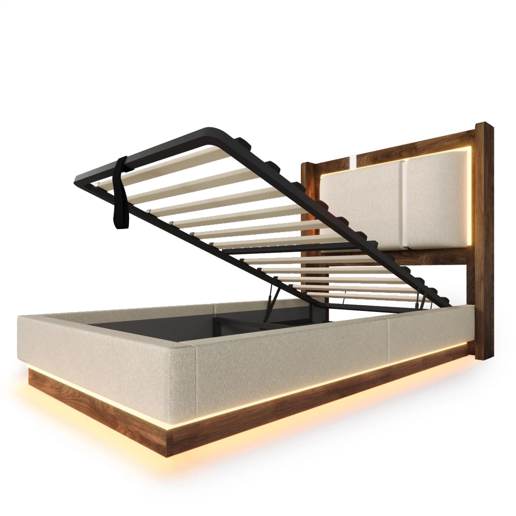 Letto Contenitore 90 x 200 cm - LED Regolabile e Testiera Imbottita - Beige e Noce