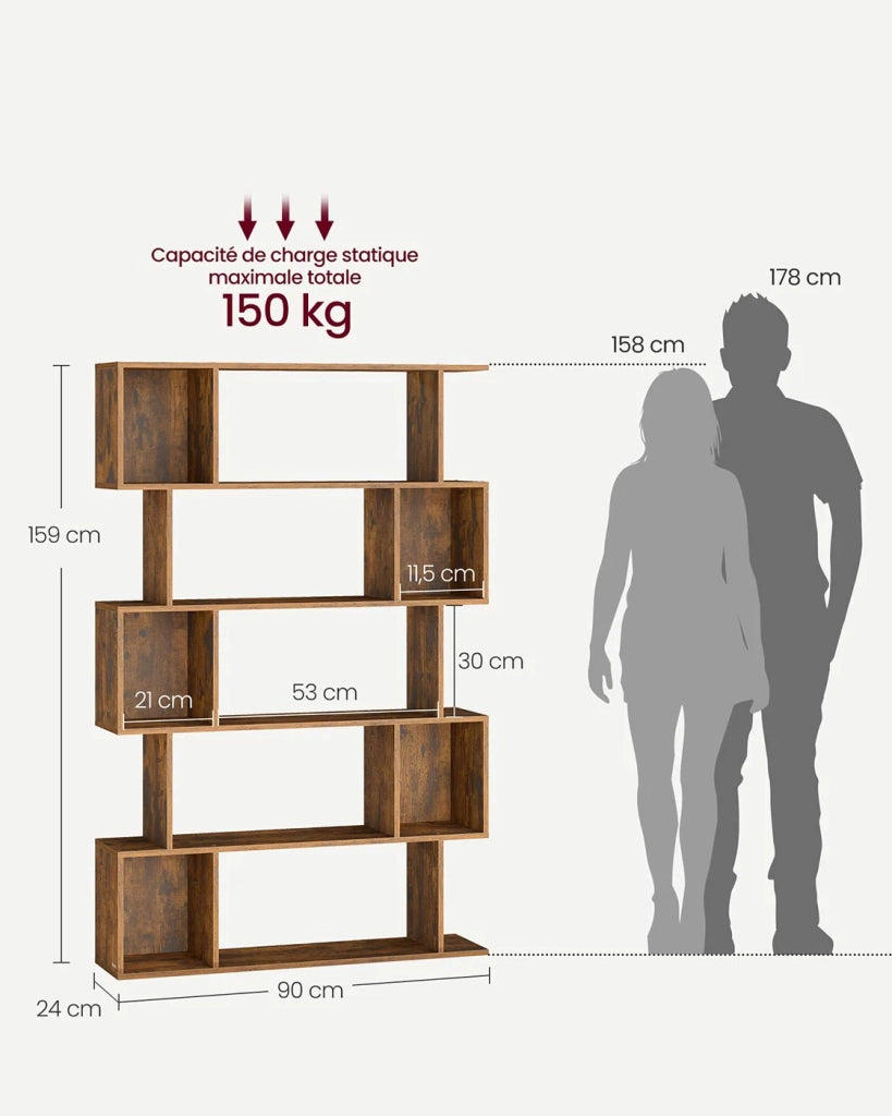 Libreria a 5 ripiani 24 x 90 x 159 cm mobile contenitore con scomparti aperti per soggiorno camera da letto ufficio marrone rustico 12_0004271