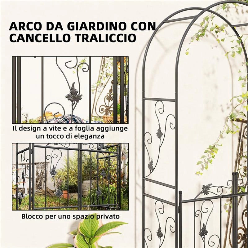 ARCO DA GIARDINO CON CANCELLO TRALICCIO PER PIANTE RAMPICANTI IN METALLO 2.2X1 MT NERO