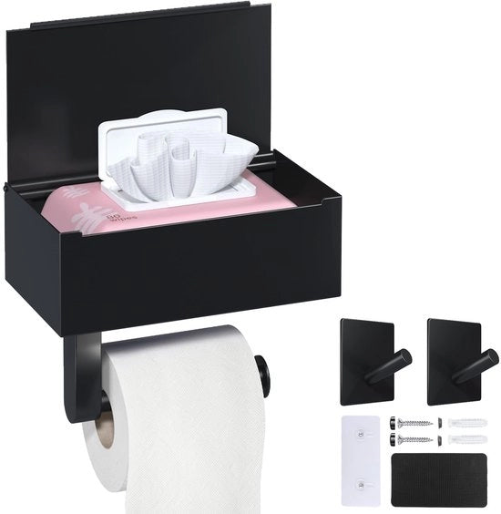 Sostituto di carta igienica nero, Sostituto di carta igienica senza foratura con scatola di tovaglioli umidi, Sostituto di carta igienica, Sostituto di carta igienica con piastra per bagno, adesivo o forato (matte nero)