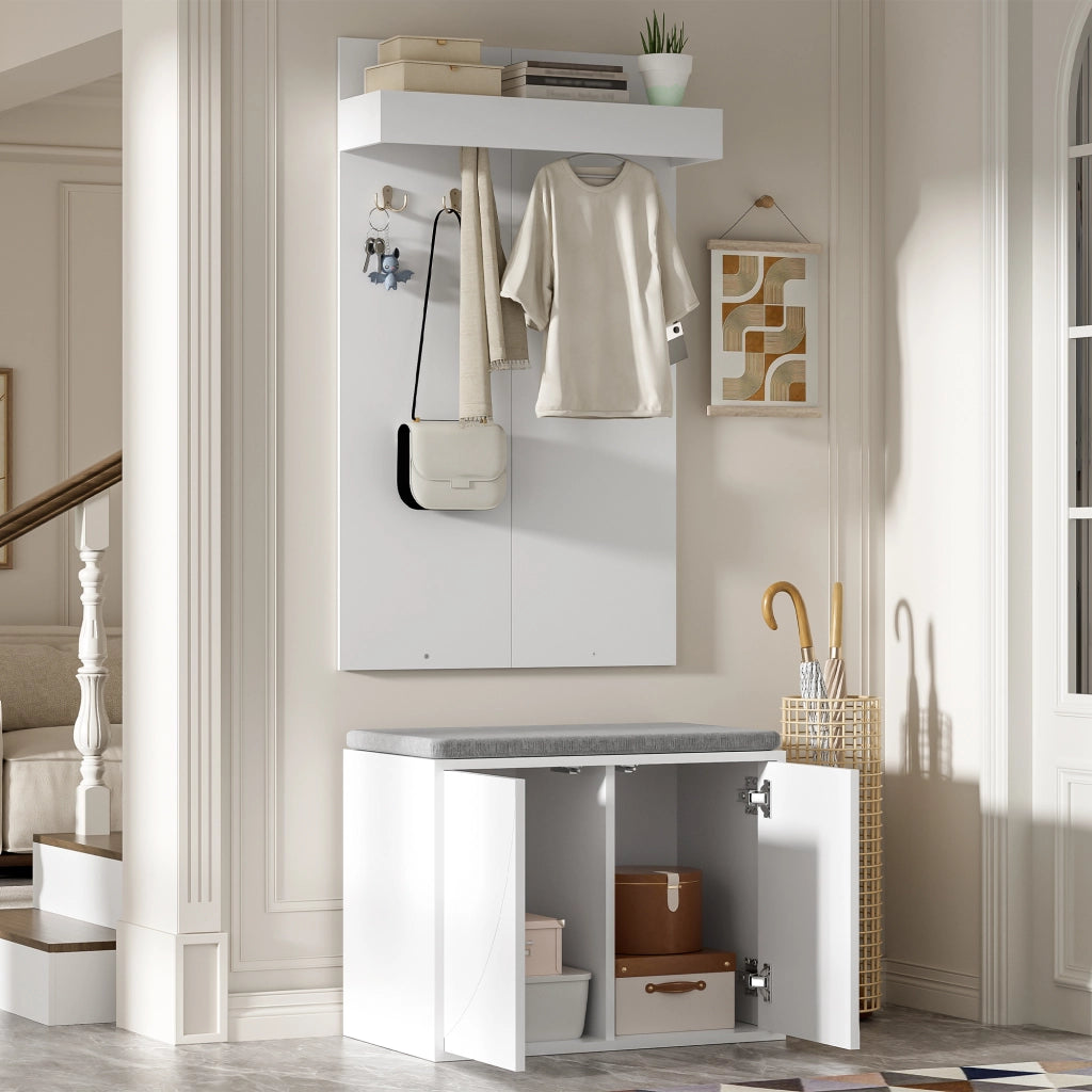 Mobile ingresso con 2 ante; 4 ganci e panca - per ingresso - in truciolare - 60×35×145 cm - bianco