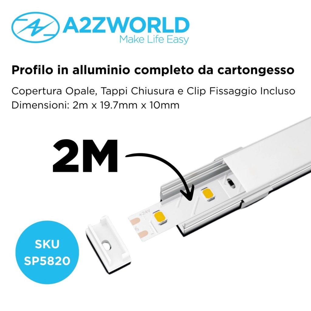 Kit Profilo Alluminio Completo Da 2 Metri Per Striscia Led, Larga Standard, Dimensione 19.7X10mm, Larghezza Interna 17mm, 109g/m, Copertura Opale, Tappi Chiusura e Clip Fissaggio Incluso,BAV23174