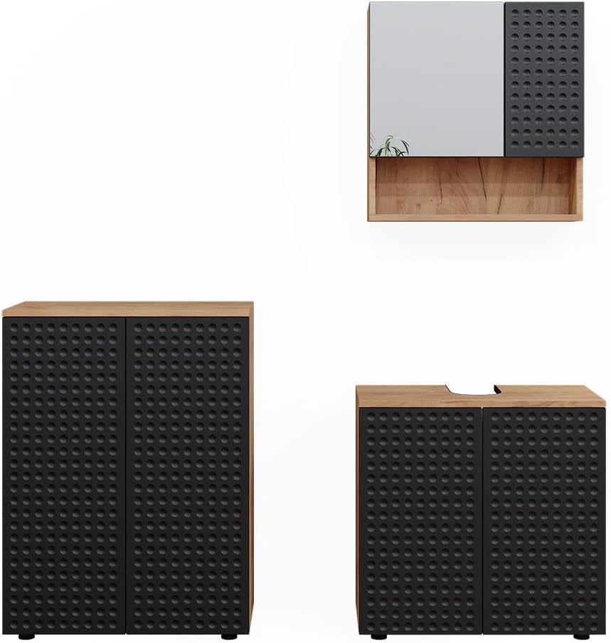 Set mobili bagno Irma, Antracite puntinato, 3 parti, con unità di base 60 cm, composto da mobile sottolavabo, specchiera e mobile medio