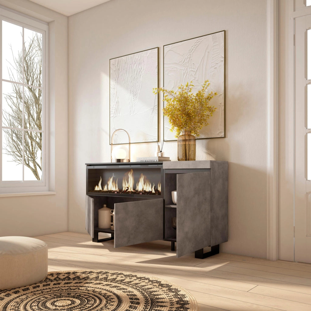 Credenza, Mobile, 158x35x87cm, 3 Porte, Camino elettrico XXL, Design industriale, grigio cemento RF3288