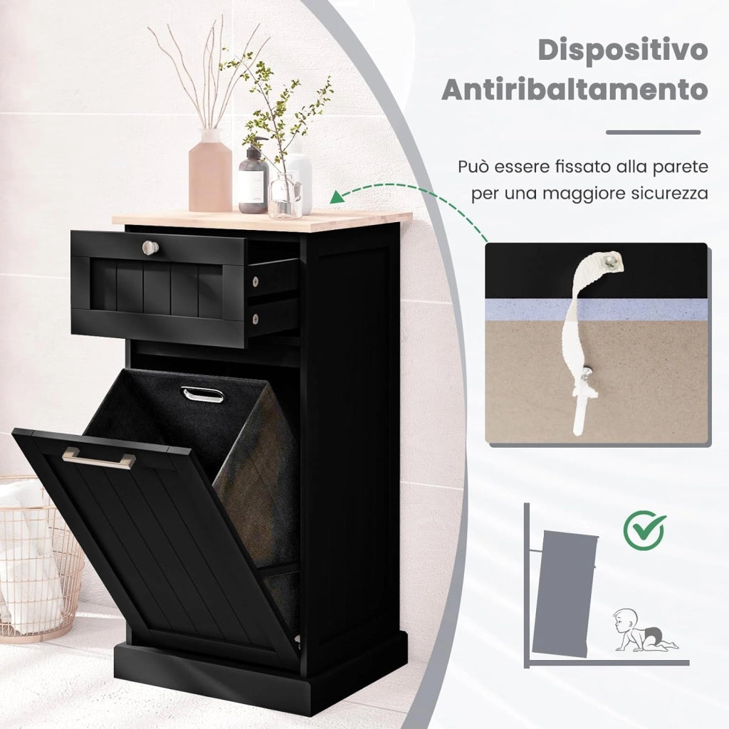 Mobile con Cesta Portabiancheria 40x37x82 cm, Cesto per Biancheria con Cassetto, Mobile Multiuso da Bagno (Nero)