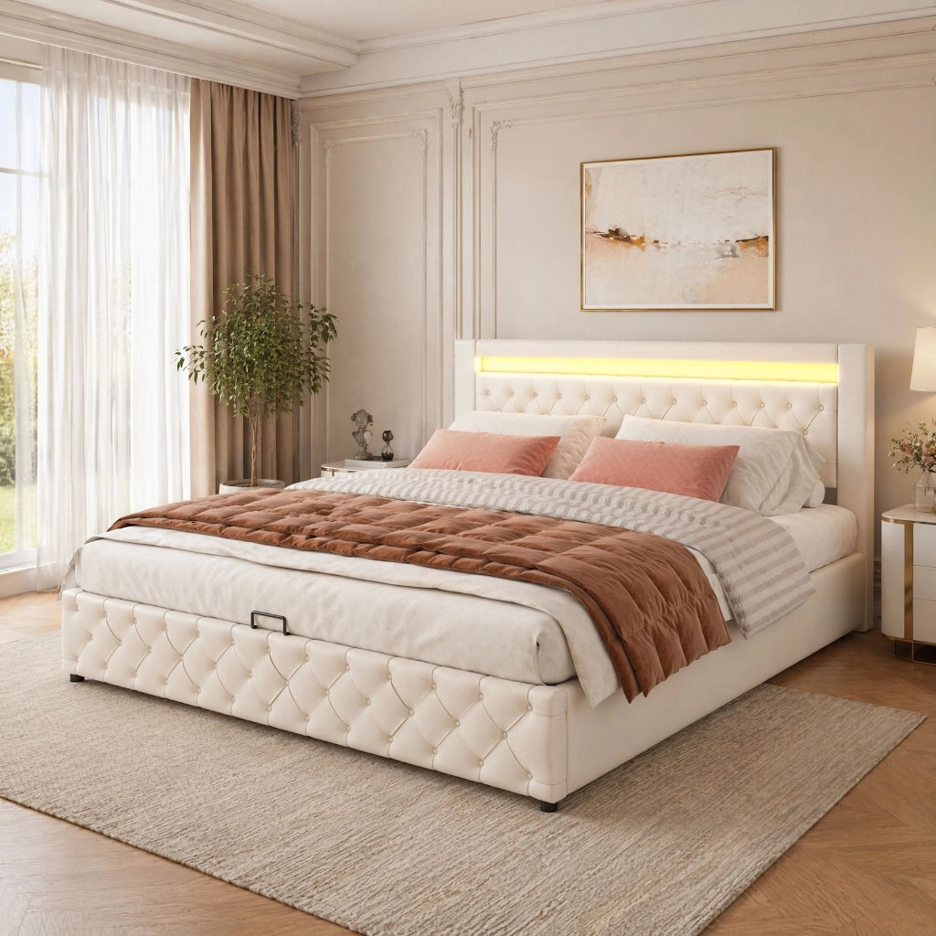 Letto imbottito 180x200 cm in PU bianco con rete a doghe, contenitore, LED e testiera alta