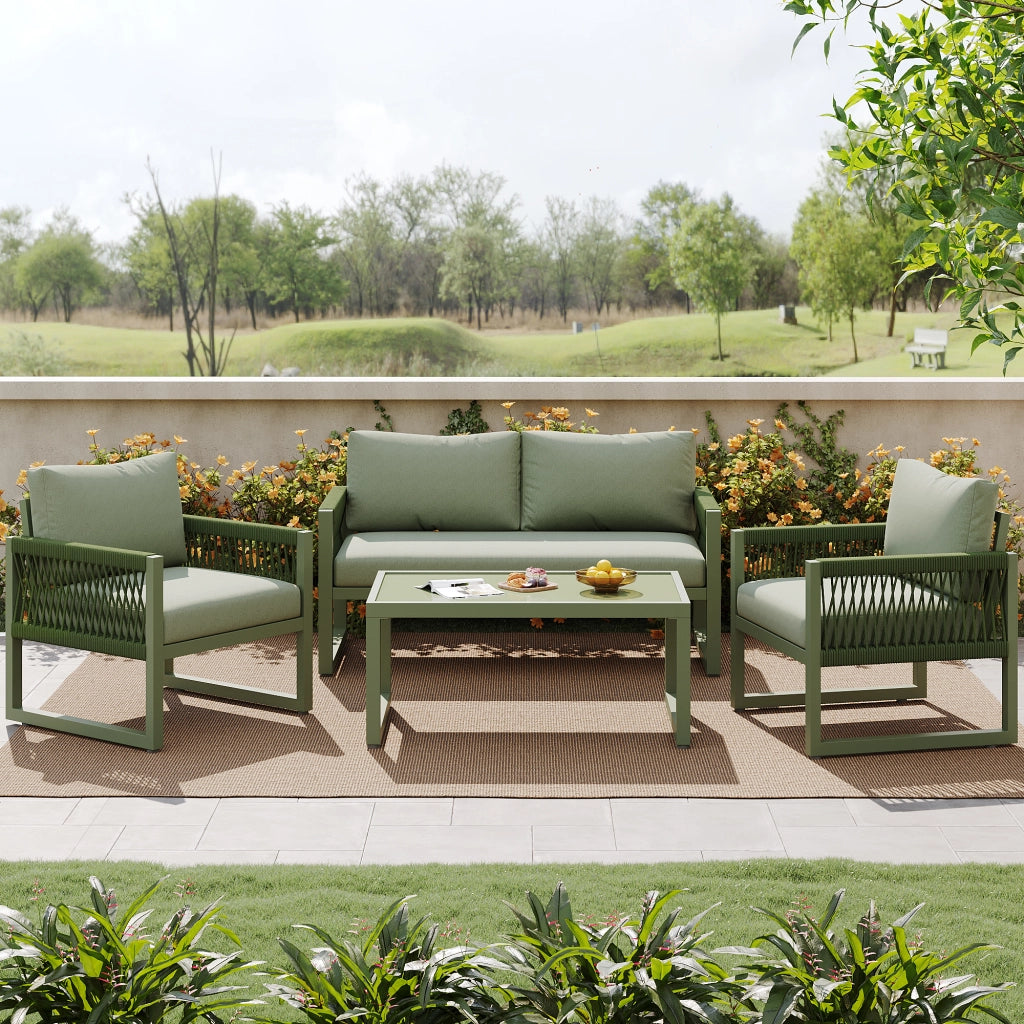 Set Lounge da Giardino 4 Pezzi in Corda con Tavolo in Vetro e Cuscini ¨C MINIMAL ¨C Verde