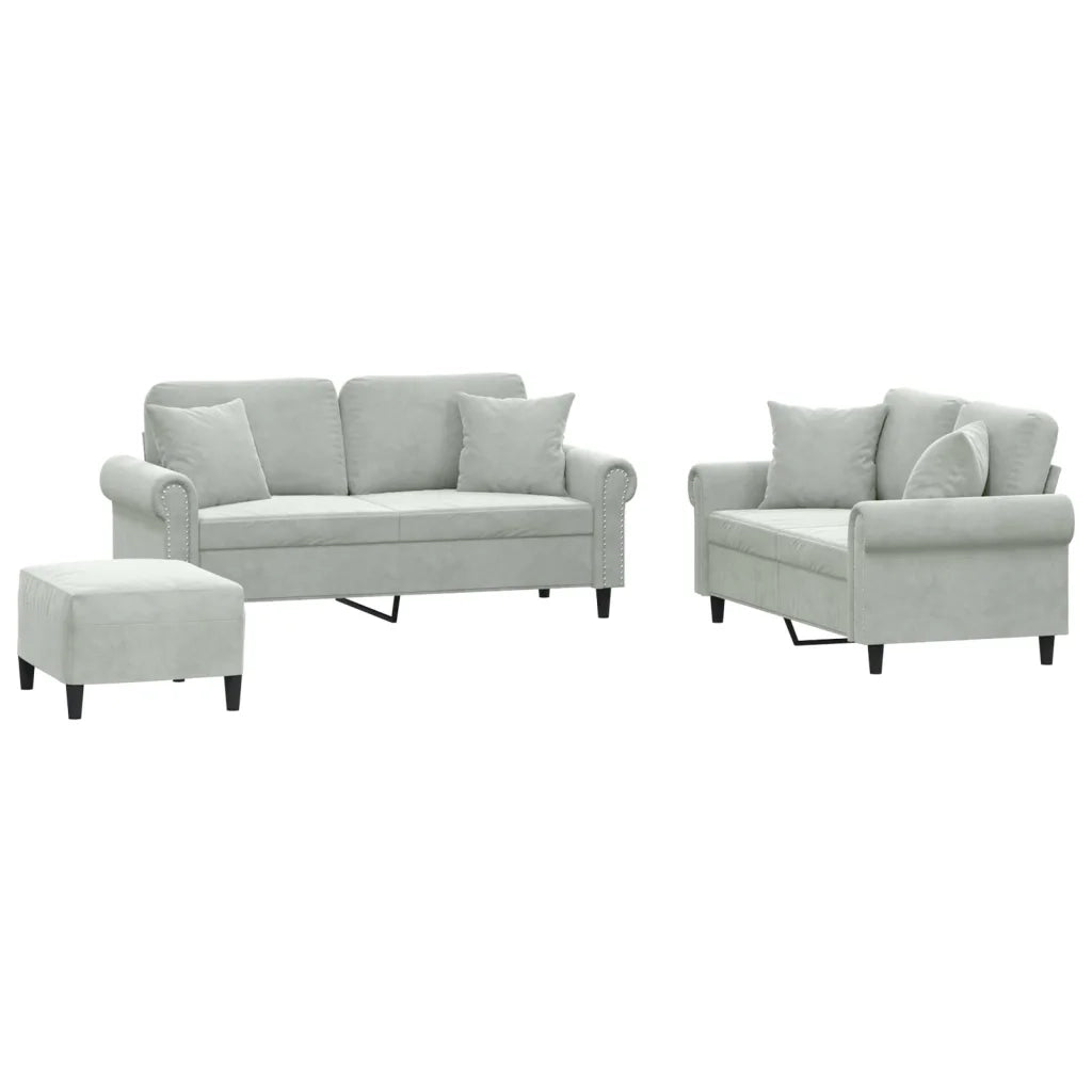 Set di Divani 3 pz con Cuscini Grigio Chiaro in Velluto