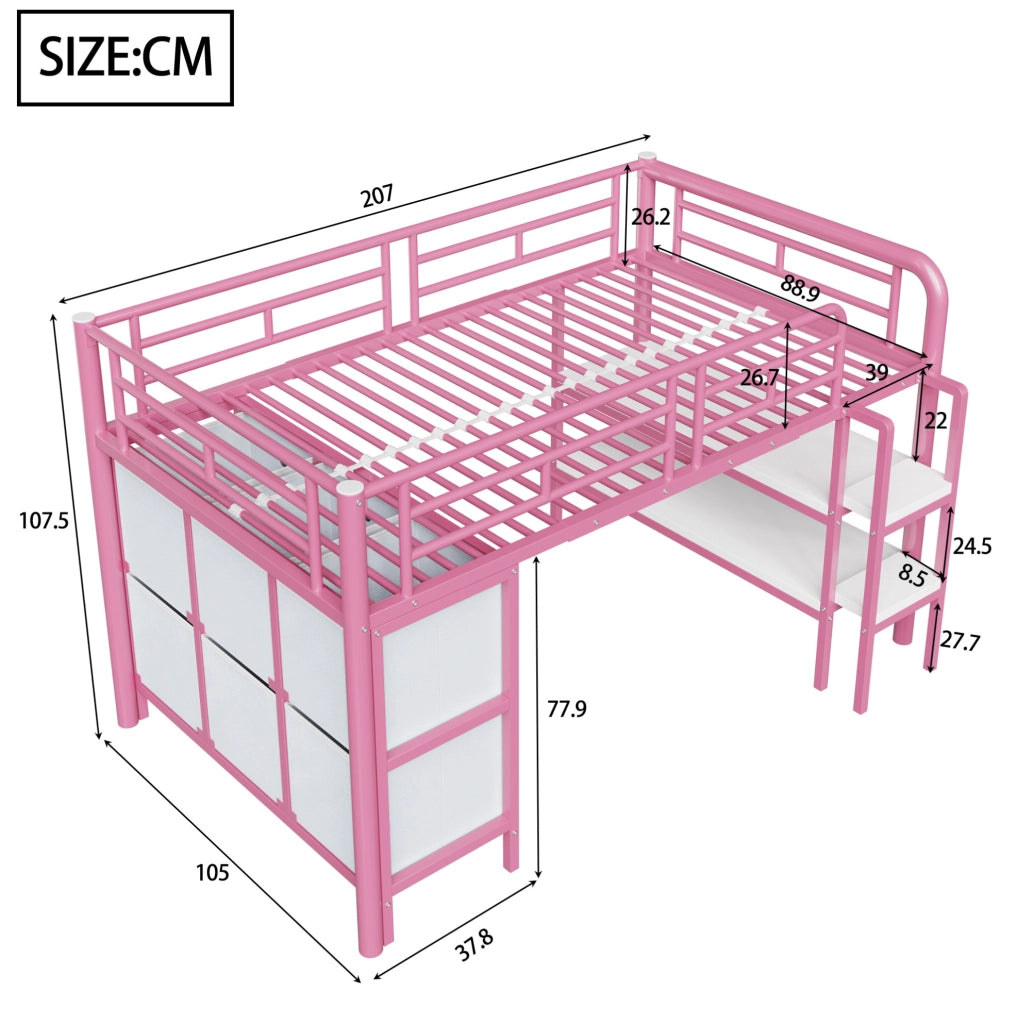 Letto a soppalco basso per bambini 90x200 cm in metallo e MDF; rosa; con scala ampia e vano portaoggetti
