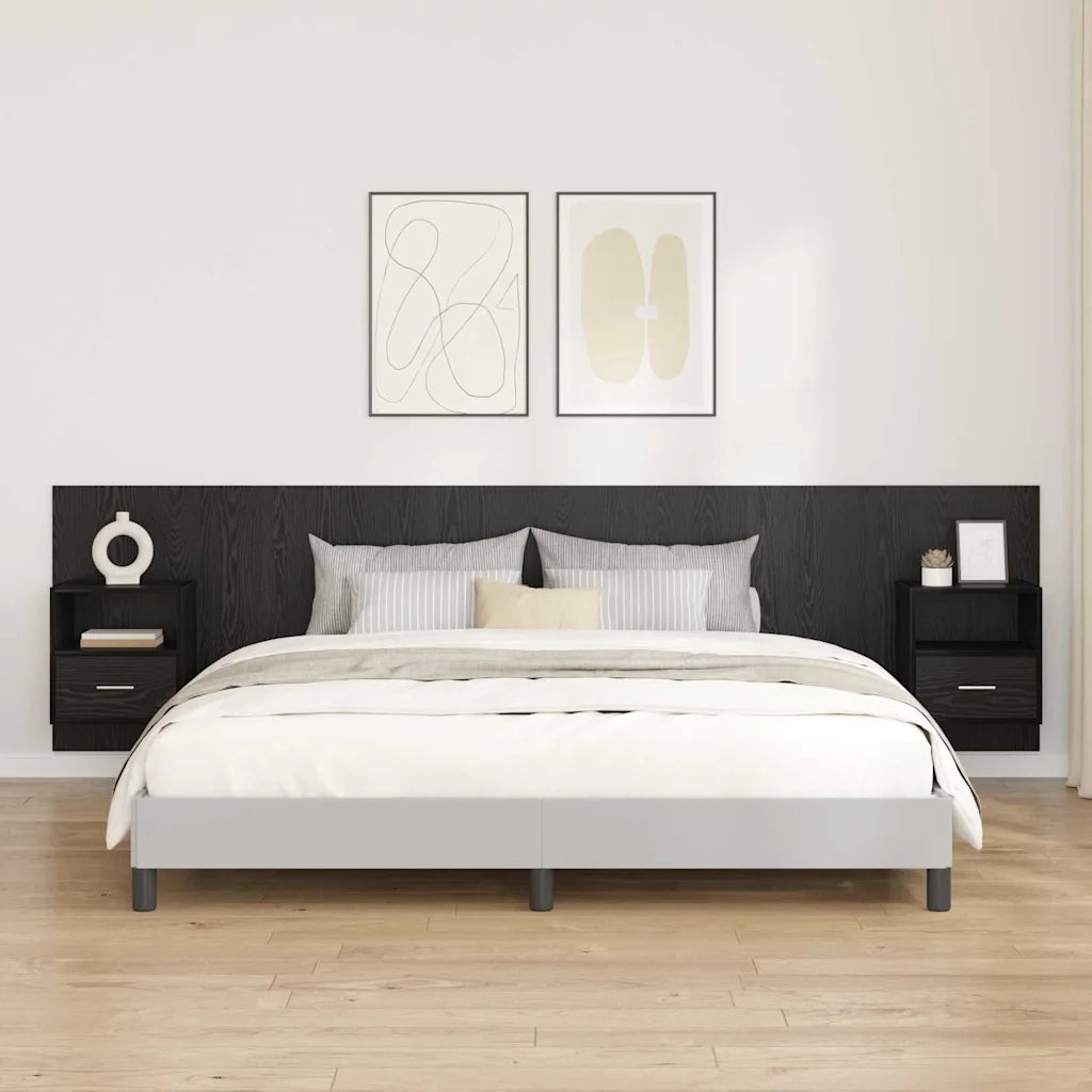Testata con Comodino 3 pz-Set di 3 Testiera con Contenitore Rovere Nero Legno multistrato 399517