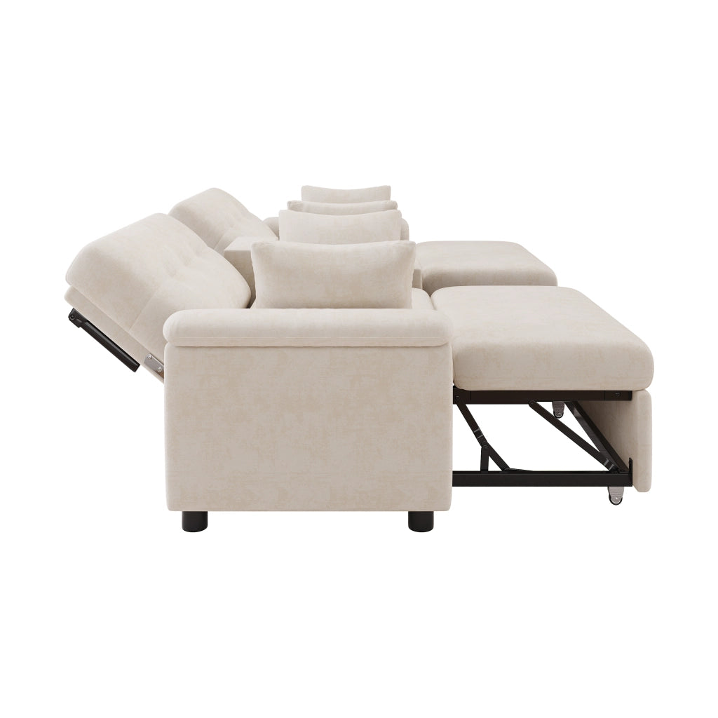 Divano a U letto con doppio modulo estraibile, schienale regolabile, area animali, portabicchieri in chenille beige