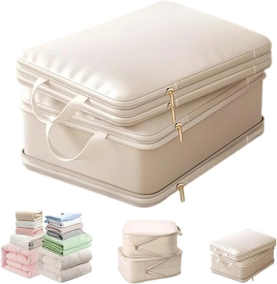 Compresso Due Livelli - Cassetto di Stoccaggio con Cerniera e Maniglia - Per Abbigliamento - Coperte - Bianco Sabbia - Piccolo