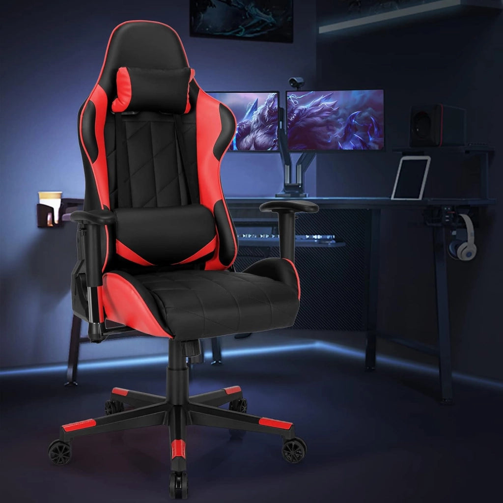 Sedia da Gaming Girevole a 360°, Sedia Ergonomica per Computer per Gaming con Poggiatesta e Cuscino Lombare, Angolo Reclinabile Regolabile (Rosso)