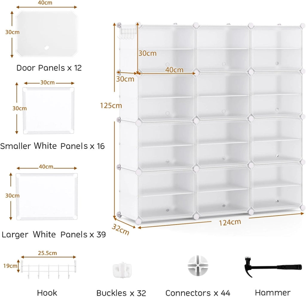 Scatola per scarpe con 12 cubi con ripiano rimovibile, mobile da 48 paia, 5 ganci da appendere, 12 ante 124 x 32 x 125 cm, per corridoio, ingresso, soggiorno, nero (Bianco)