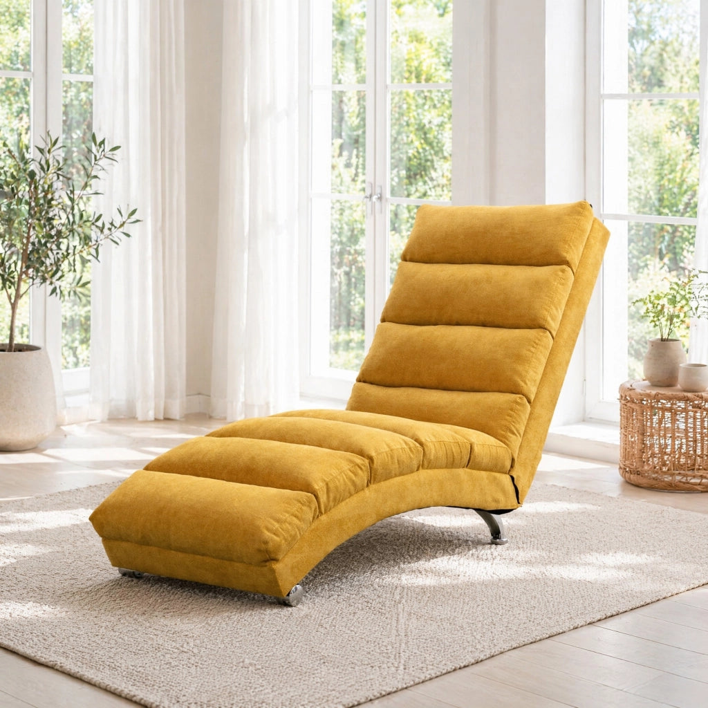 Chaise longue massaggiante 148x55x84 cm giallo senape in lino, tasca laterale