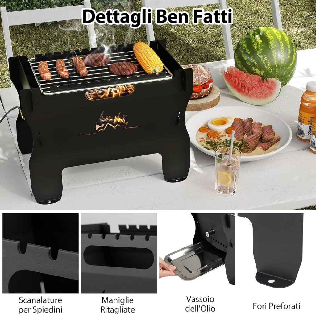 2 in 1 Griglia Barbecue, Barbecue Portatile a Doppio Combustibile con Griglia in Acciaio Inox e Borsa per Trasporto, Grill Esterno a Carbone e Legna per Picnic