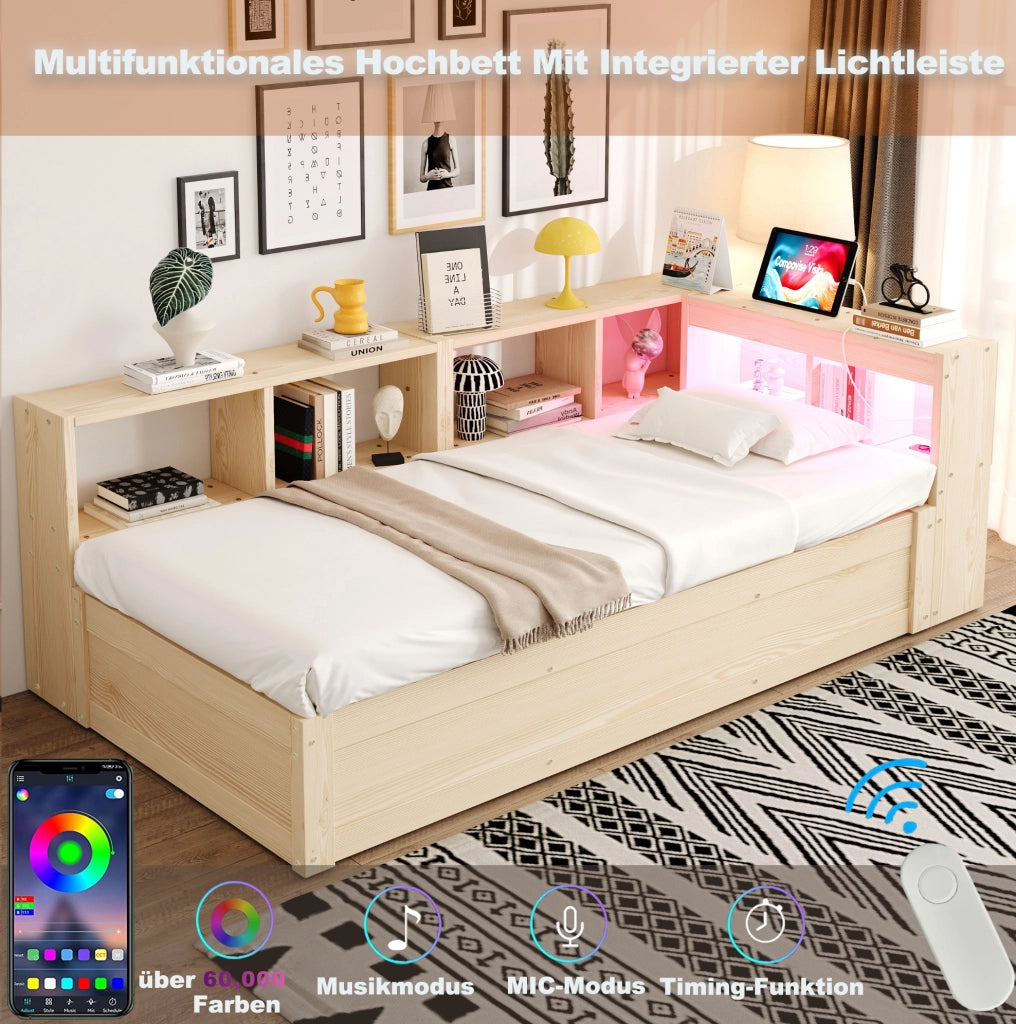 Letto multifunzionale 90x200 cm con LED e vano contenitore