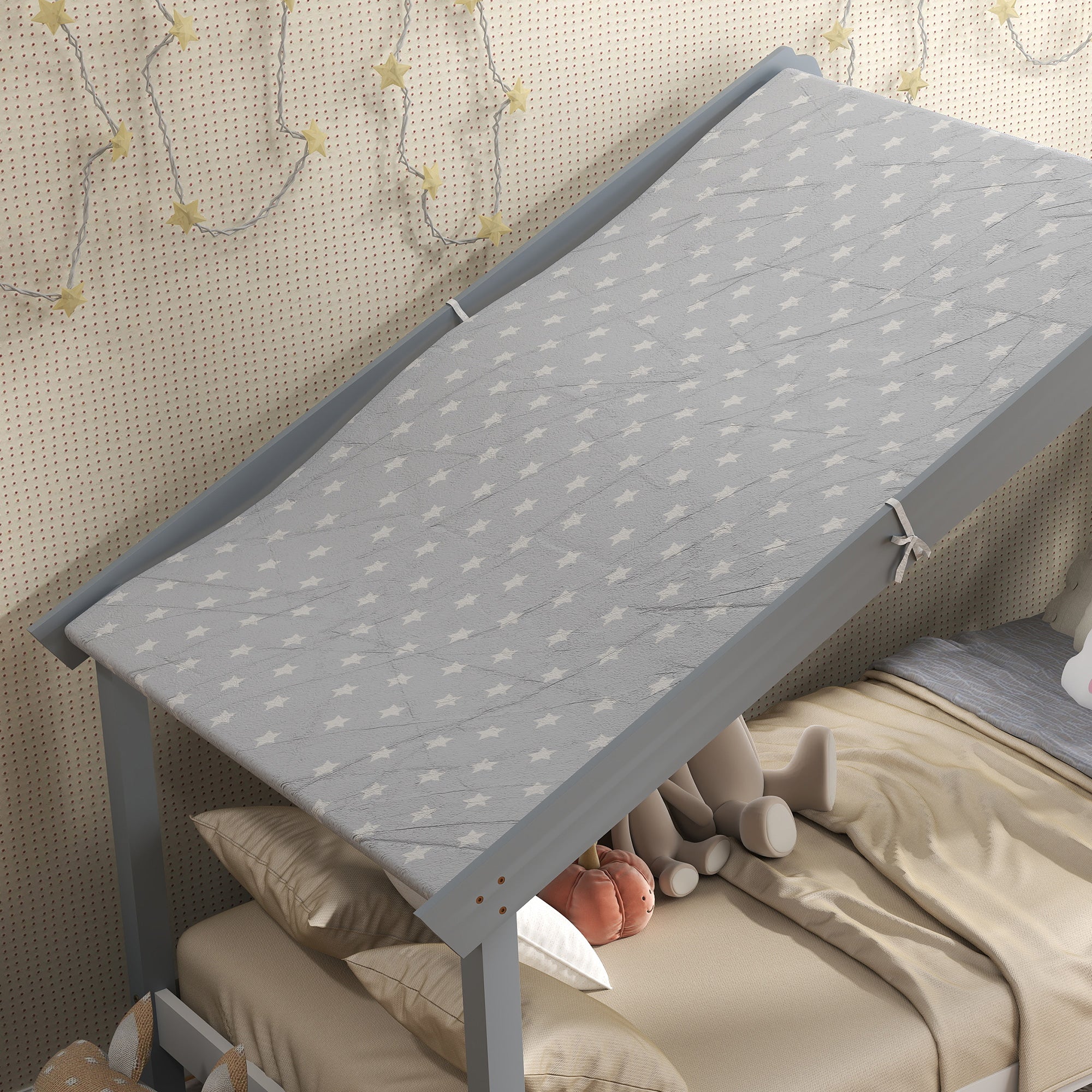 Letto Singolo per Bambini Casetta Tetto Stellato in Tessuto 213x100x140 cm Grigio