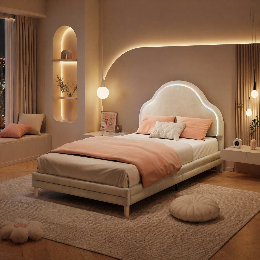 Letto singolo imbottito beige con LED, 90x200 cm