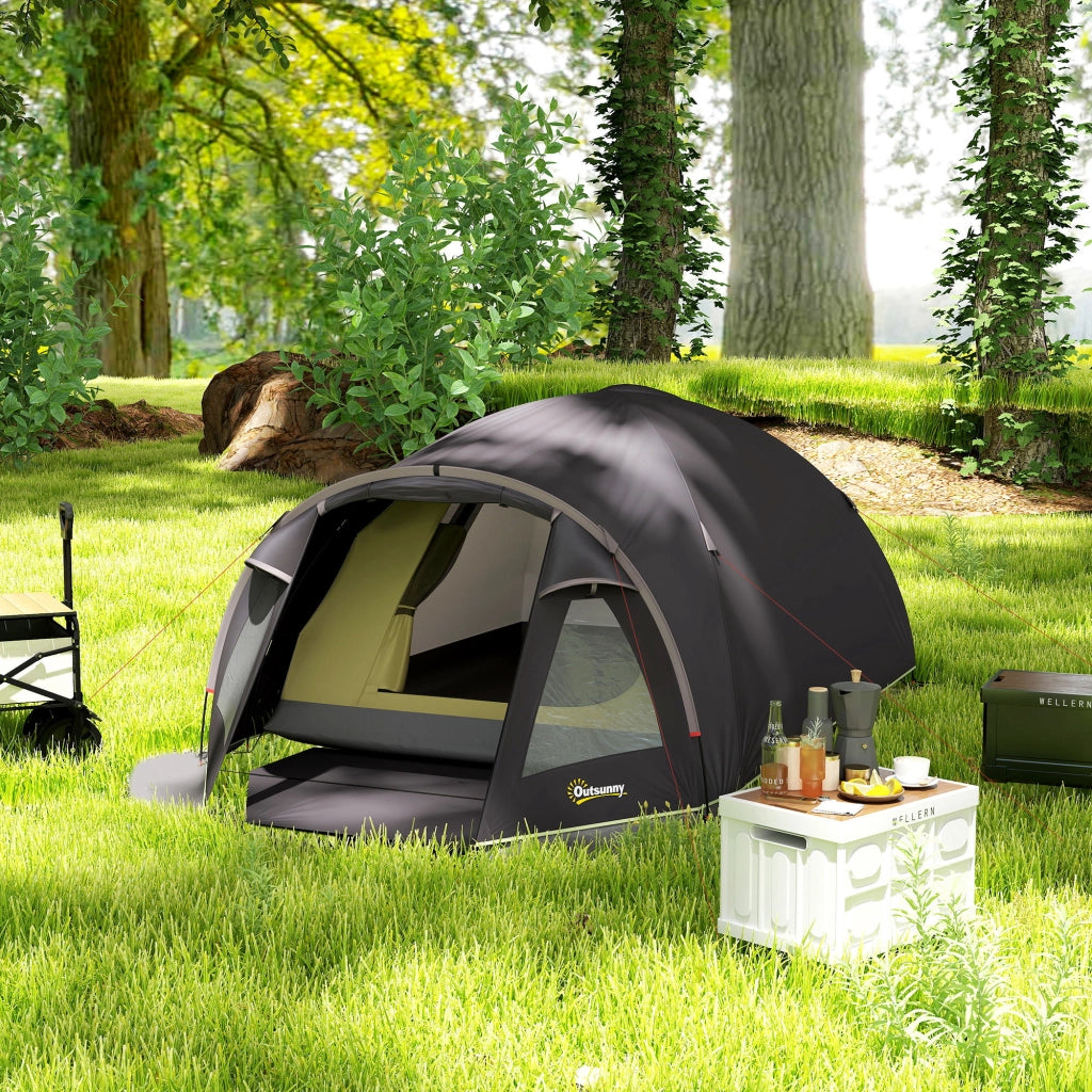 Tenda a Tunnel per 2 Persone con Finestre Laterali e Gancio, in Poliestere 190T e PE, 3.3x1.9x1.2 m, Nero