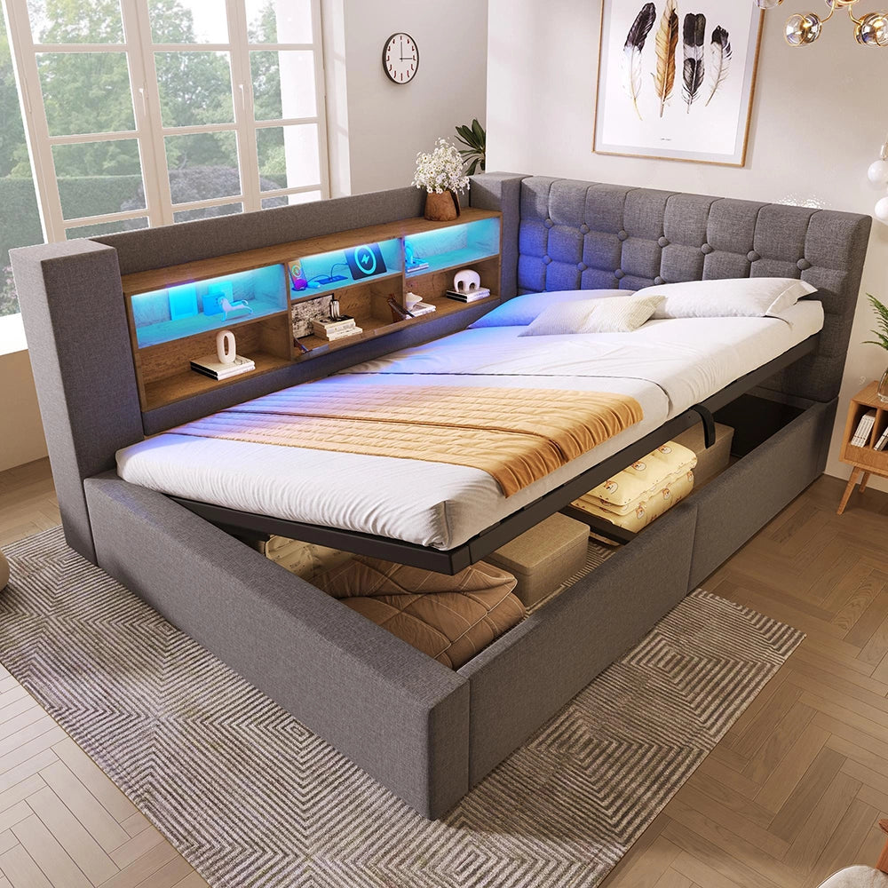 Letto imbottito-Xylo-140x190cm LED idraulico testiera a L lino grigio senza materasso