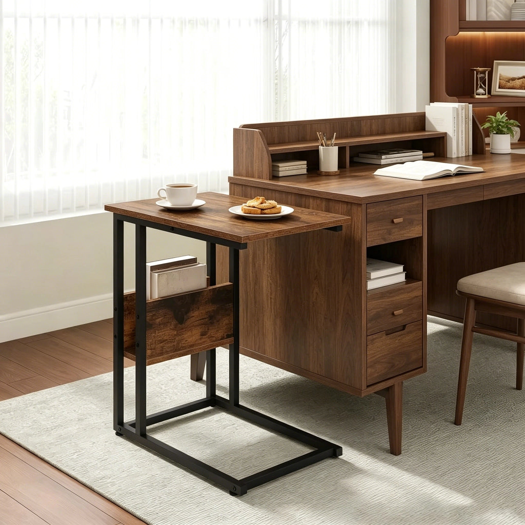 Tavolino basso fisso a C con ripiano laterale in legno e metallo marrone rustico per divano e letto 55 × 59,5 × 36 cm