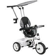 Triciclo per Bambini con Maniglione di Spinta, Tettuccio, Barra di Sicurezza e Box, 105x47x89 cm, Bianco e Nero