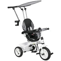 Triciclo per Bambini con Maniglione di Spinta, Tettuccio, Barra di Sicurezza e Box, 105x47x89 cm, Bianco e Nero