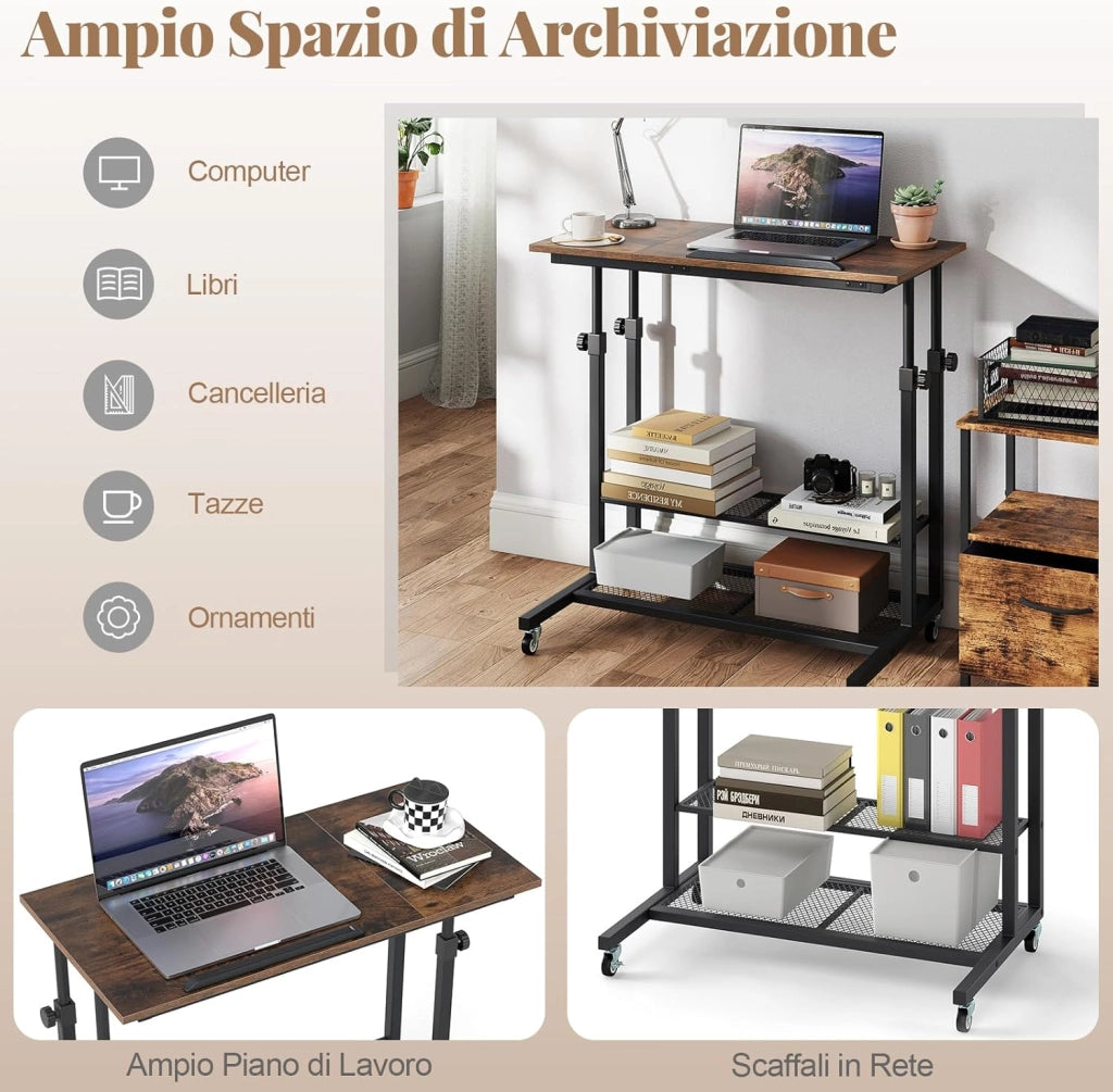 Tavolino da Divano e Letto, Tavolo Regolabile in Altezza con Ruote Bloccabili, Piano Inclinabile e Mensole Portaoggetti, Mobile Versatile per Salotto, Camera da Letto