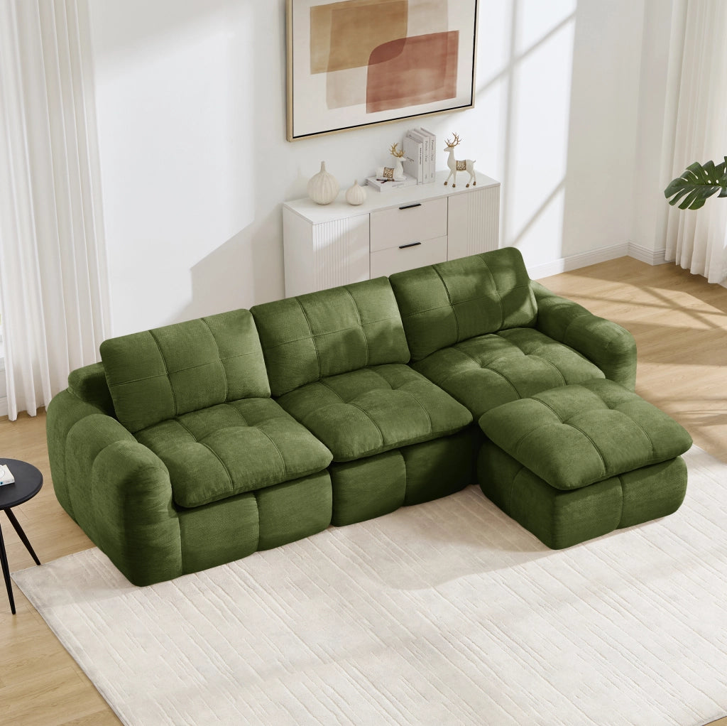 Divano modulare angolare 3 posti con pouf 264x160x68 cm in chenille verde