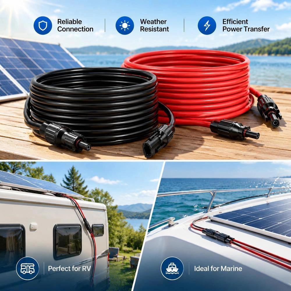 Solar Panel 15.24 M, Extension Cable 2-pack, 10AWG Cable With Waterproof Socket & Plug Connectors, PV Cable For Solar Panels At Home, On Boats & In RVs, Black & Red