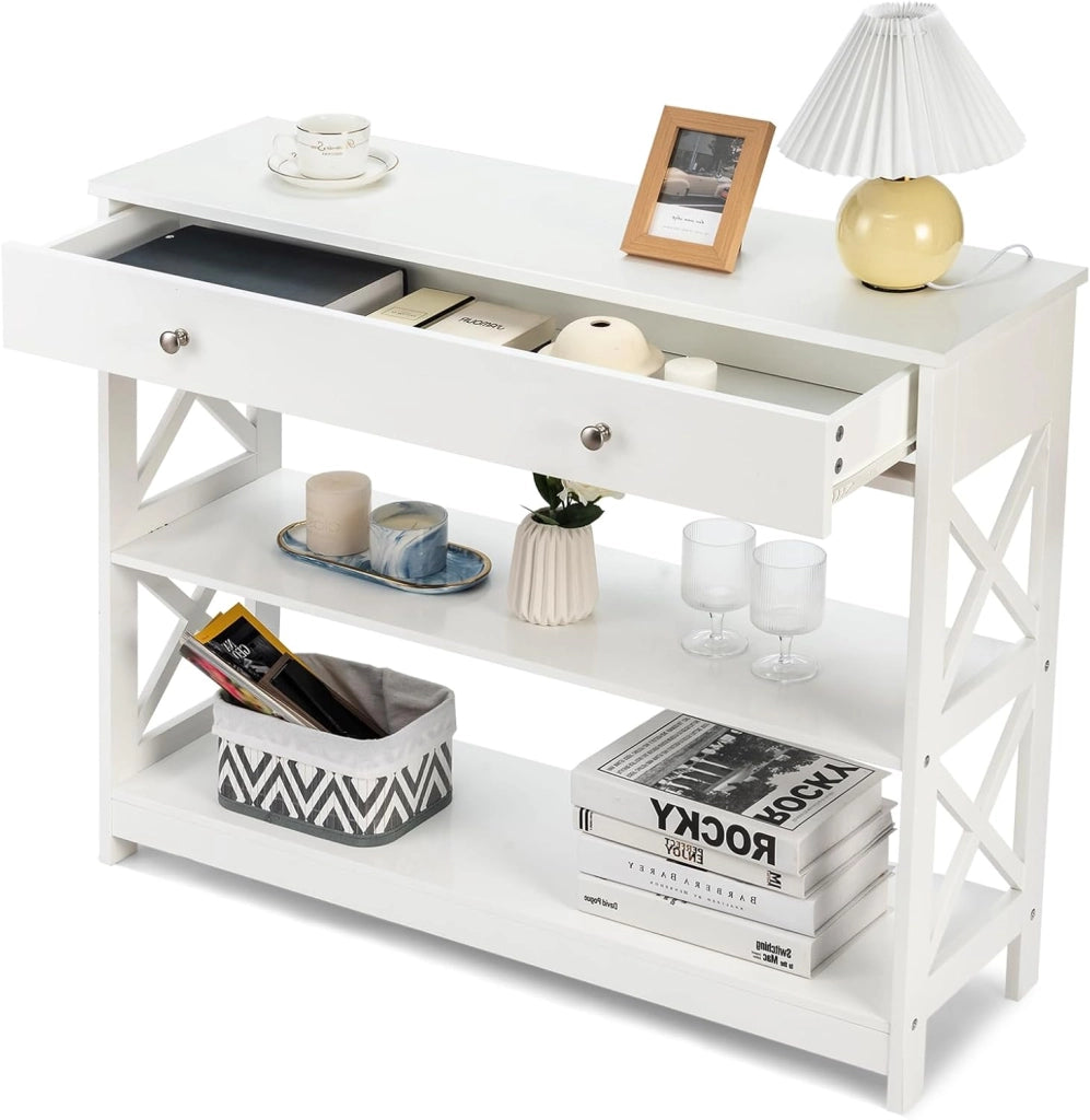 Ingresso per ingresso, console da ingresso stretta a 3 livelli con ampio cassetto per chiavi, orologi e gioielli, mobile ingresso per soggiorno e camera da letto, 100 x 30 x 80 cm (bianco)