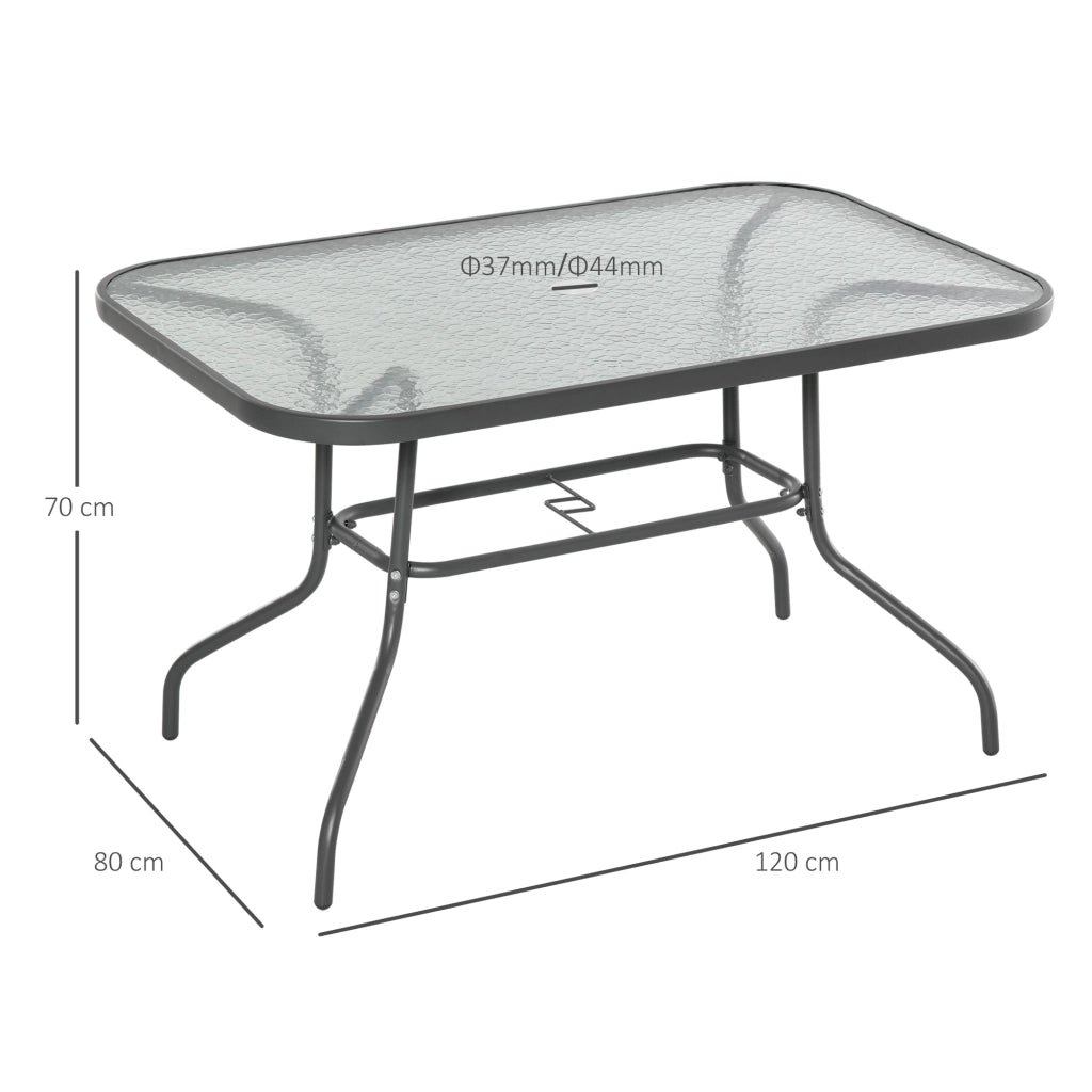 Tavolo da Giardino in Metallo e Vetro con Foro Ombrellone 120x80x70cm