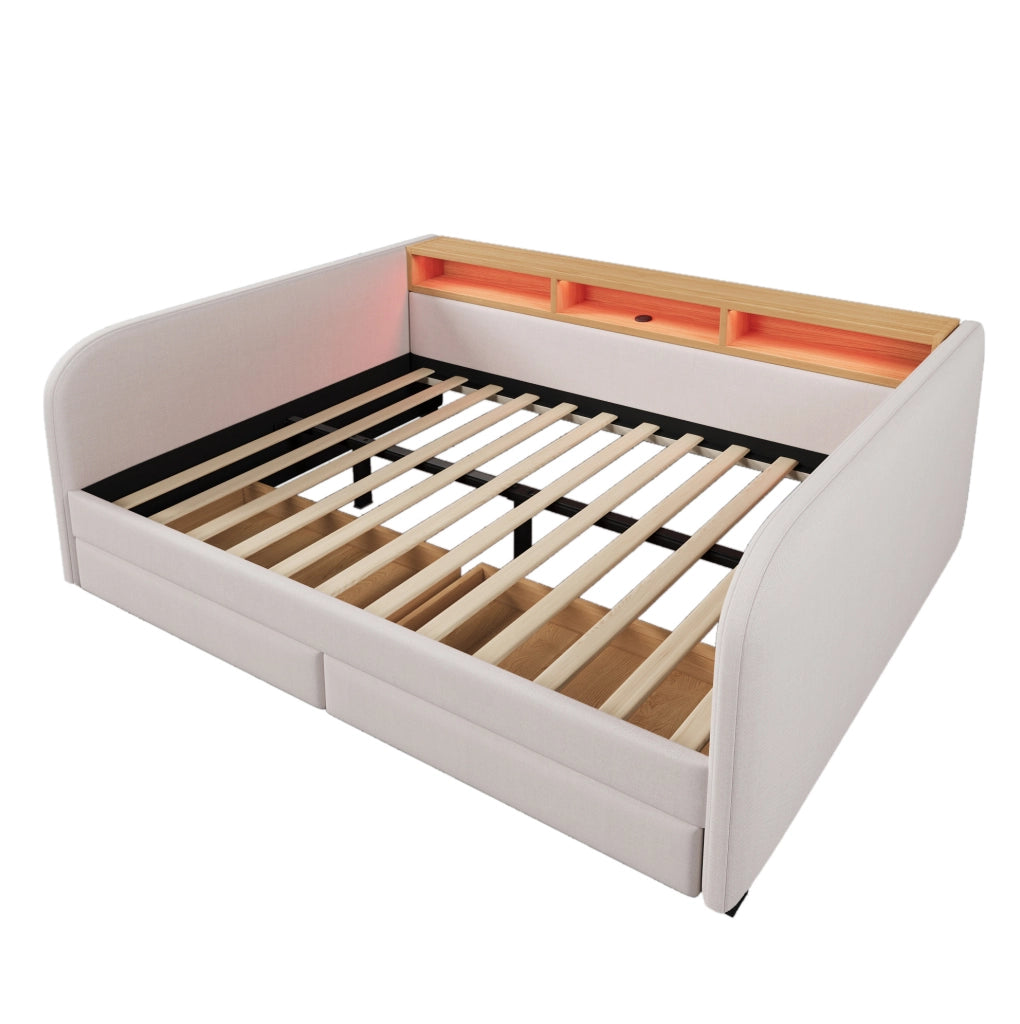 Letto imbottito matrimoniale 140x190 cm con LED; USB-C; 2 cassetti e testiera contenitore