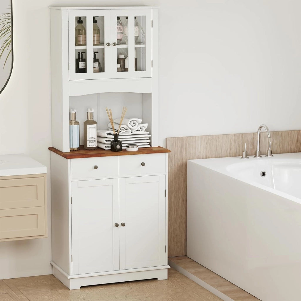 Mobile Dispensa da Cucina, Armadio di Stoccaggio Autonomo con Credenza e 2 Cassetti, Ripiani Regolabili, Ampio Spazio per Forno a Microonde, 2 Colori, 68,5 cm x 40,5 cm x 170 cm (Bianco)