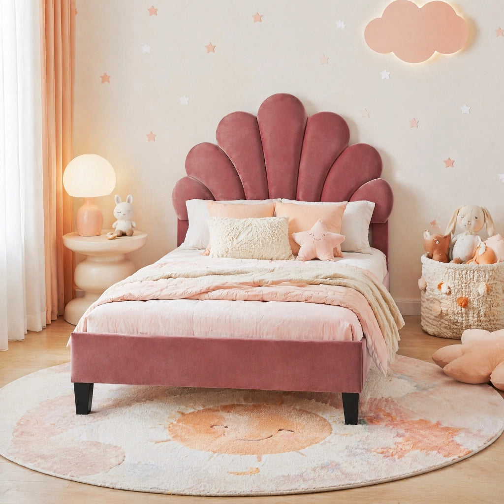 Letto imbottito 90x200 cm con testiera a fiore rosso