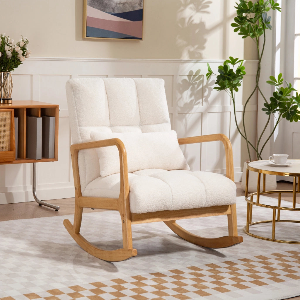 Poltrona a Dondolo con Cuscino Lombare ¨C Xylo ¨C Tessuto Sherpa Bianco e Legno, 64.5x82x89 cm