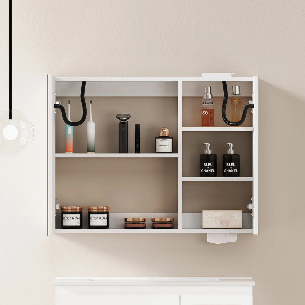 Armadietto a specchio con LED e 2 vani interni per bagno soggiorno e camera da letto in MDF e vetro bianco 80 cm